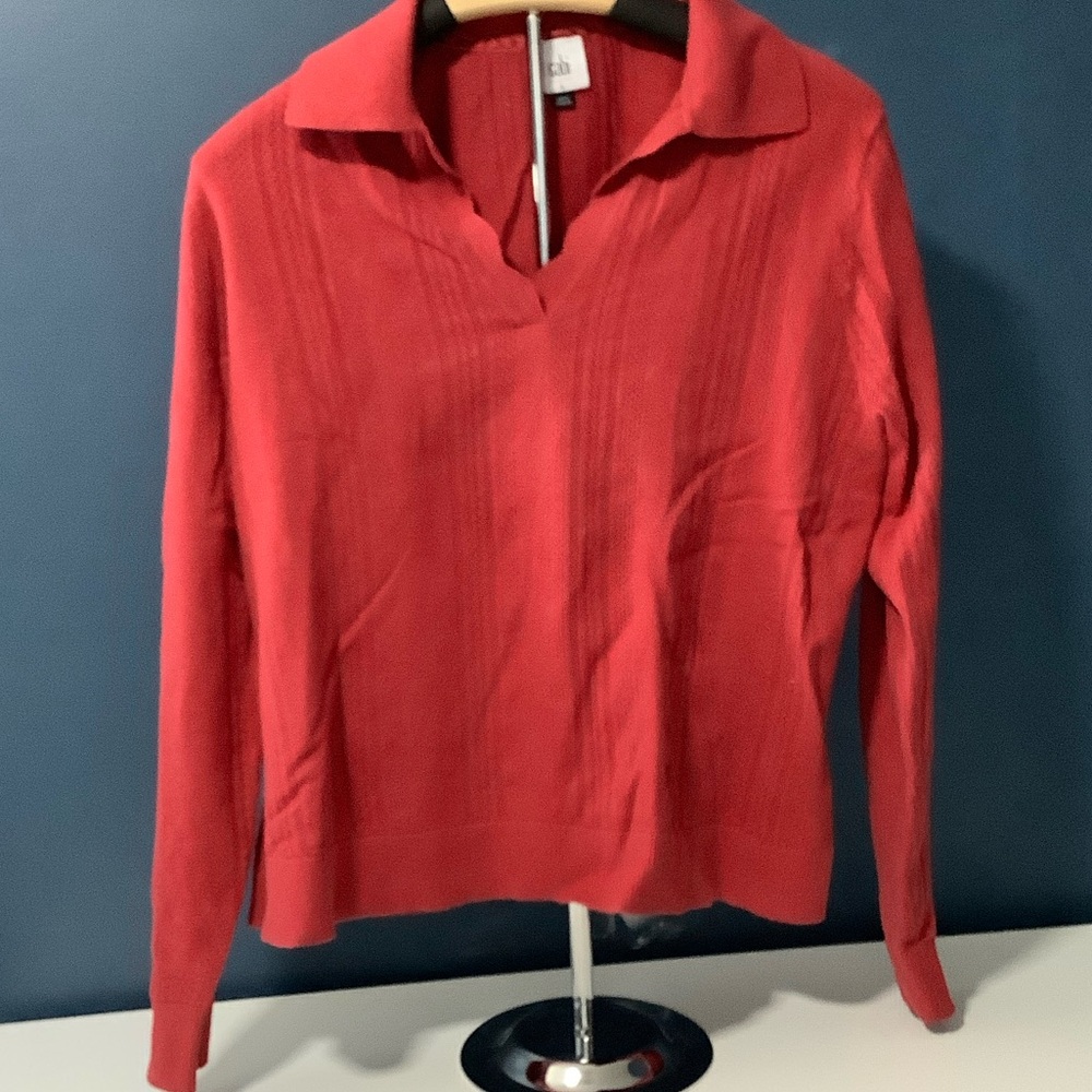CAbi Coral-Red V-Neck Sweater with Collar
